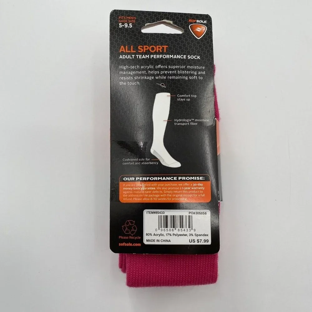 Sof Sole All Sport Adult Team Performance Socks Crew Pink Size M (5-9.5 Women's)